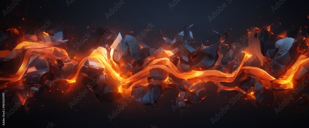 a fiery, abstract composition of black, gray, and orange shapes, with a dark background and a sense of movement and energy. a fiery, abstract composition of black, gray, and orange shapes, with a dark background and a sense of movement and energy.