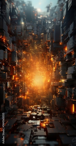 a futuristic cityscape with a complex network of buildings and structures illuminated by a bright, fiery glow. The perspective is from the ground, looking up towards the sky,