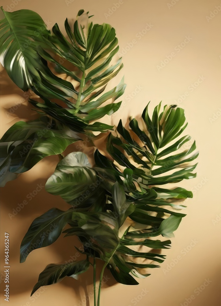 a close-up view of a large, green plant with long, thin leaves against a beige background. a close-up view of a large, green plant with long, thin leaves against a beige background.