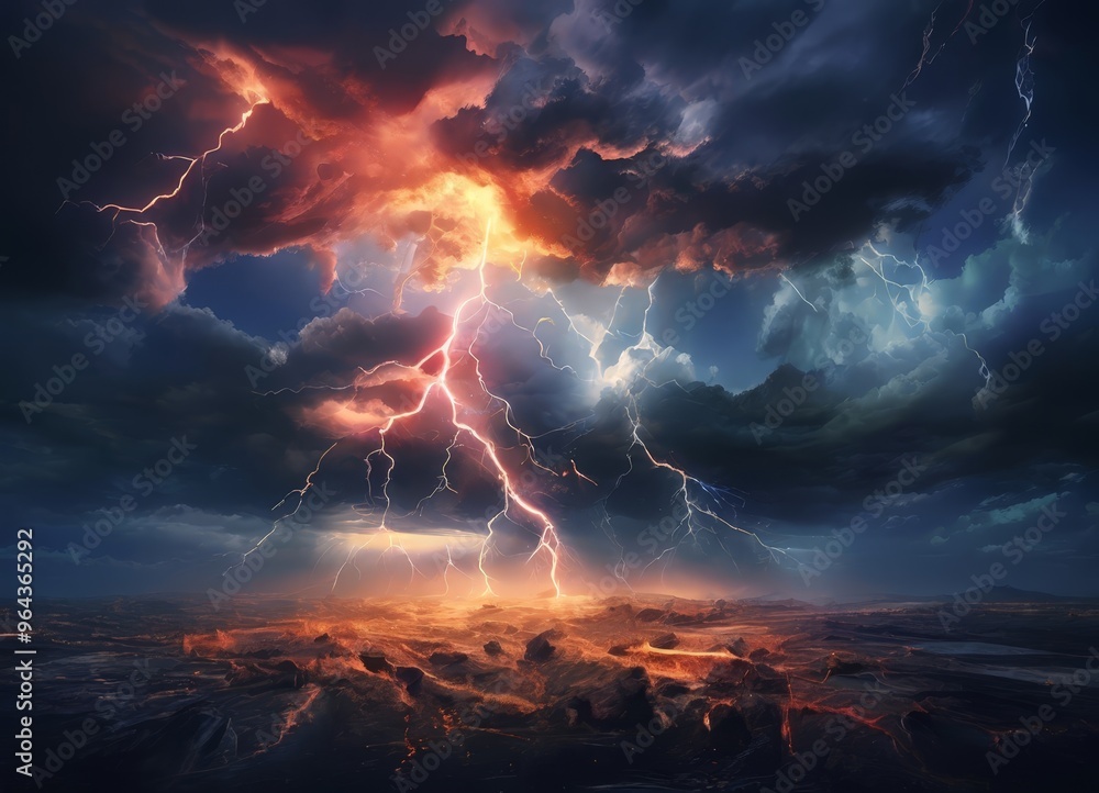 A dramatic scene of a stormy sky with lightning bolts striking the earth below, set against a backdrop of dark clouds and a fiery landscape. A dramatic scene of a stormy sky with lightning bolts striking the earth below, set against a backdrop of dark clouds and a fiery landscape.