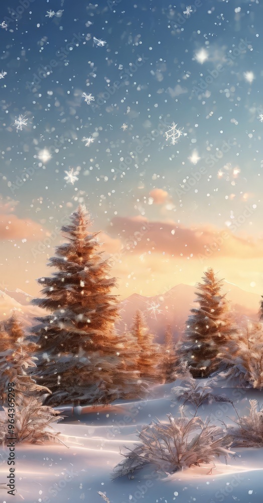 Fototapeta premium A serene winter landscape features snow-covered pine trees and a glowing sunset sky, with snowflakes gently falling.