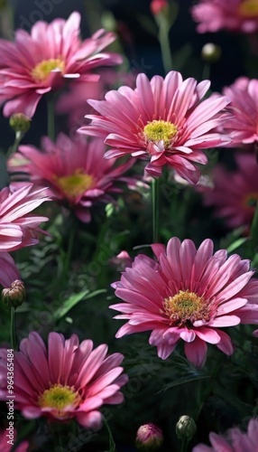 A close-up view of a cluster of pink daisy flowers with yellow centers, set against a dark background.