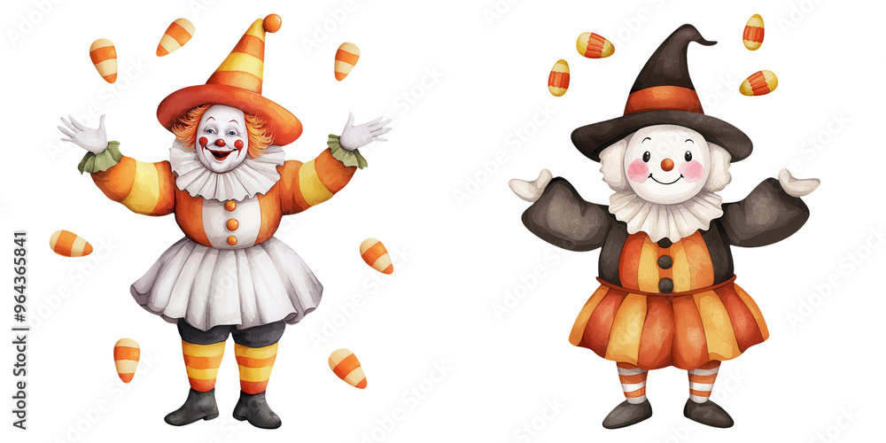 Two cheerful clowns in colorful costumes joyfully juggling candy, perfect for festive or Halloween themes. Two cheerful clowns in colorful costumes joyfully juggling candy, perfect for festive or Halloween themes.