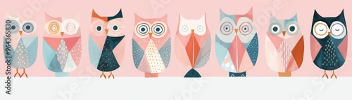 Mod owls with geometric shapes, pastel palette photo