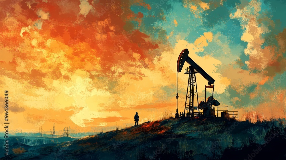 Silhouetted oil pump against a vibrant sunset sky, highlighting the energy industry and nature's beauty in striking contrast. Silhouetted oil pump against a vibrant sunset sky, highlighting the energy industry and nature's beauty in striking contrast.