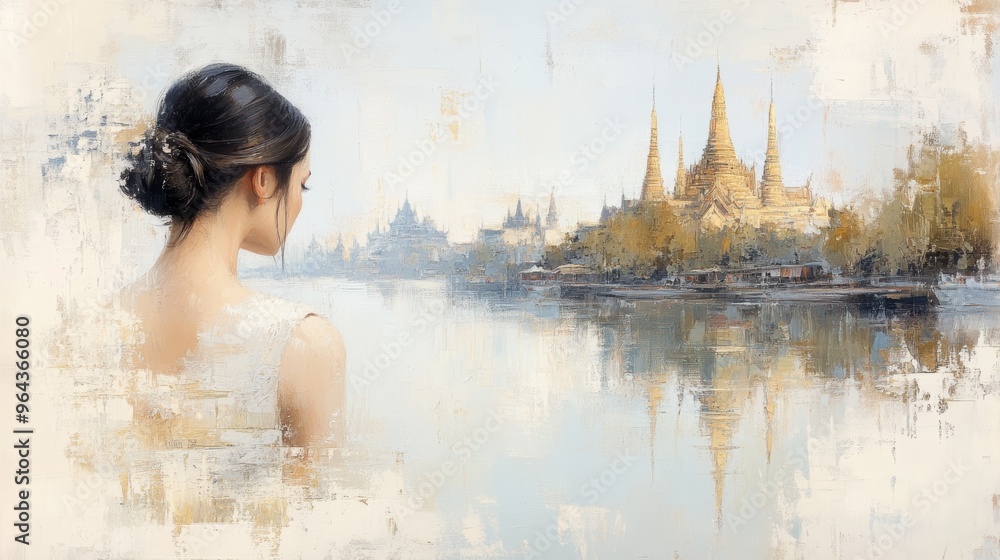 Fototapeta premium A serene scene of a woman gazing over a tranquil river, with majestic temples reflecting in the water, evoking peace and beauty.
