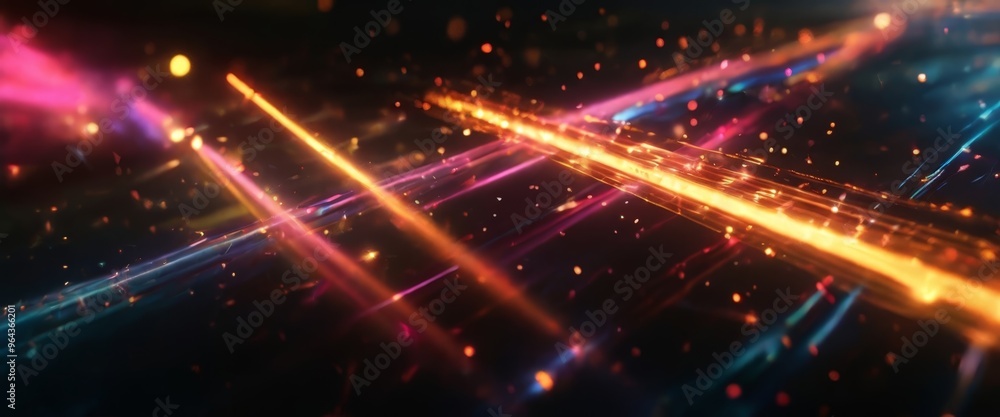 Obraz premium a dynamic scene of light and color, with streaks of orange, blue, and pink radiating across the frame, creating a sense of movement and energy.
