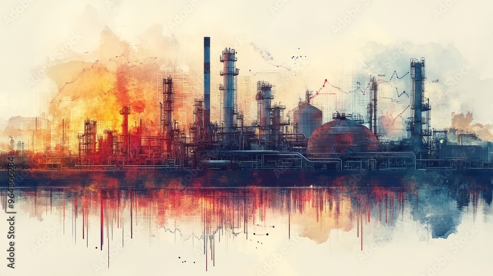 A vibrant industrial skyline at sunset, showcasing majestic smokestacks and reflective water, perfect for environmental themes. A vibrant industrial skyline at sunset, showcasing majestic smokestacks and reflective water, perfect for environmental themes.