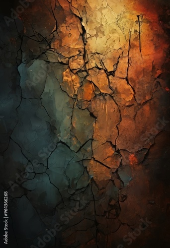 a textured, cracked surface with a gradient of colors, transitioning from warm orange to cool blue, creating a visually striking and abstract composition.