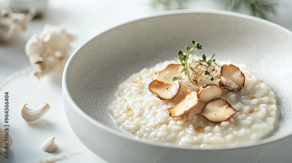 Creamy risotto, mushrooms, white table. Generative AI Creamy risotto, mushrooms, white table. Generative AI