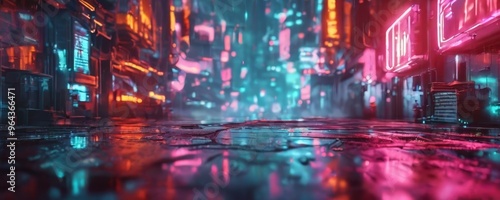 a futuristic cityscape with neon-lit buildings and a reflective, wet street surface.