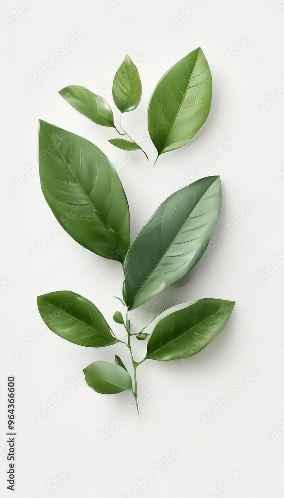 A collection of green leaves with varying sizes and shapes, arranged in a vertical line against a white background. A collection of green leaves with varying sizes and shapes, arranged in a vertical line against a white background.