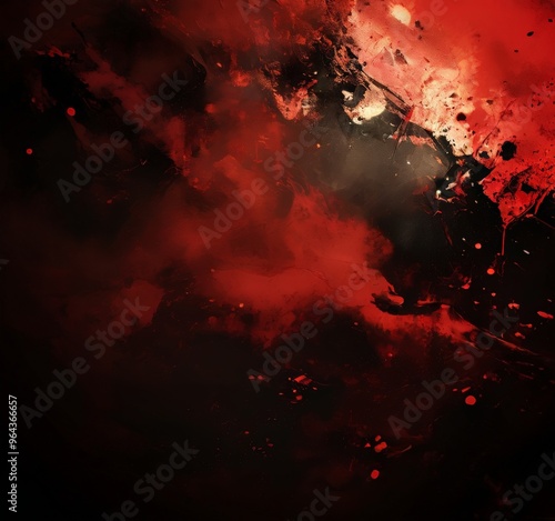 a digital art piece featuring a dark, fiery red background with splashes of black and white, creating a dynamic and intense visual effect.