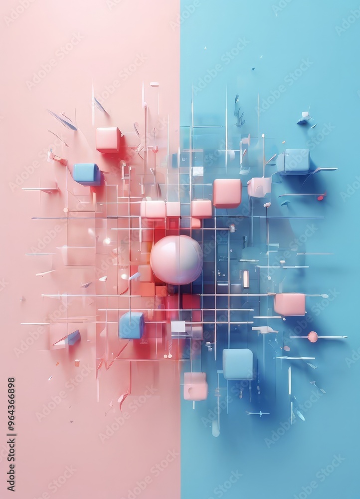 Fototapeta premium complex arrangement of cubes and spheres, with a pink and blue color scheme. The cubes are scattered in a grid-like pattern, while the spheres are randomly placed, creating a