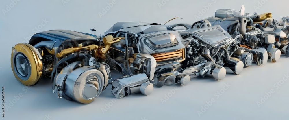 Fototapeta premium A collection of futuristic vehicles, including a car, a motorcycle, and a train, are assembled in a disorganized manner, with various mechanical components and parts scattered across the frame.