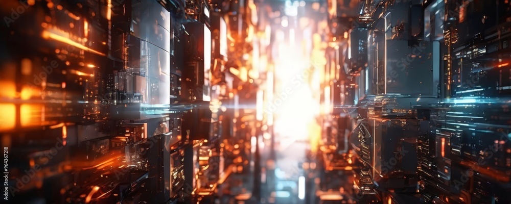 Fototapeta premium a futuristic cityscape with a dense network of tall buildings and structures, illuminated by a myriad of bright lights and glowing with a futuristic aesthetic.