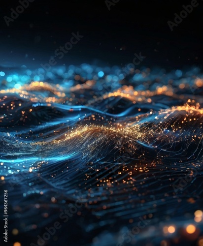 Wallpaper Mural a digital artwork of a wave-like pattern with a blend of blue, orange, and white colors, creating a sense of movement and energy. Torontodigital.ca