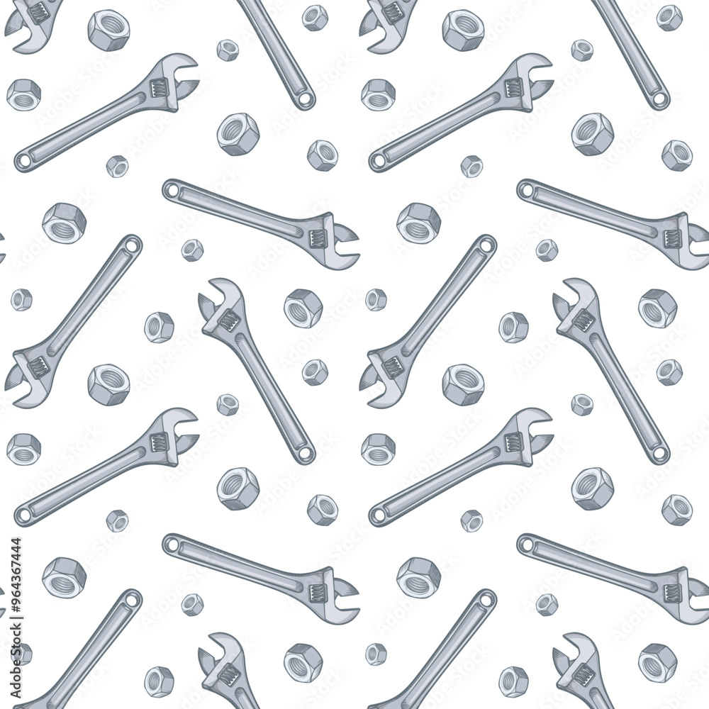 Fototapeta premium Adjustable wrench and screw nut. Seamless pattern with nuts.