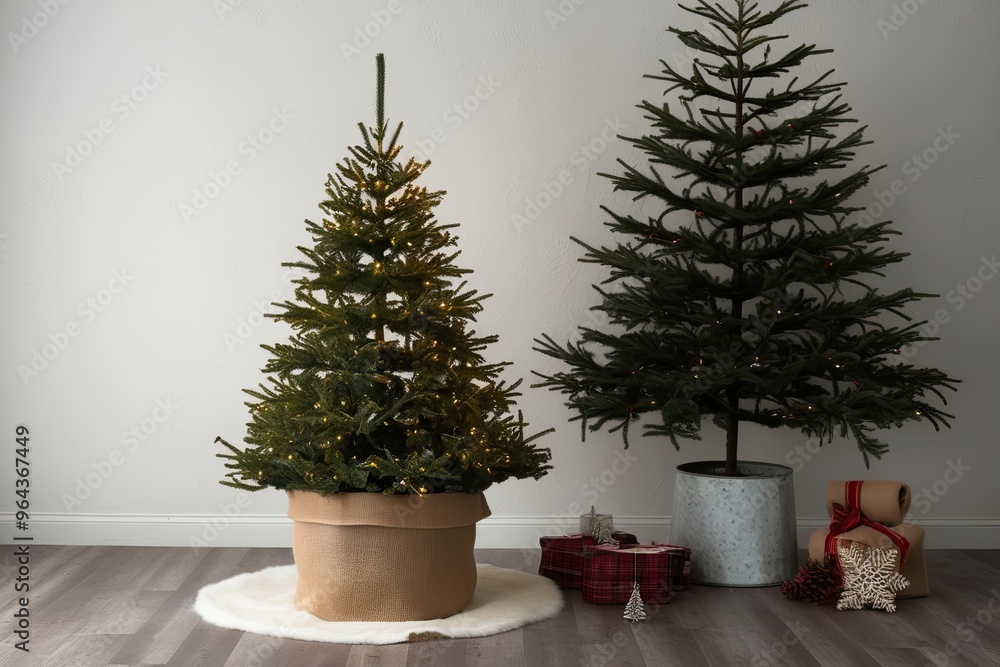 Fototapeta premium Cozy Christmas Tree in Burlap Container on Subdued White Background