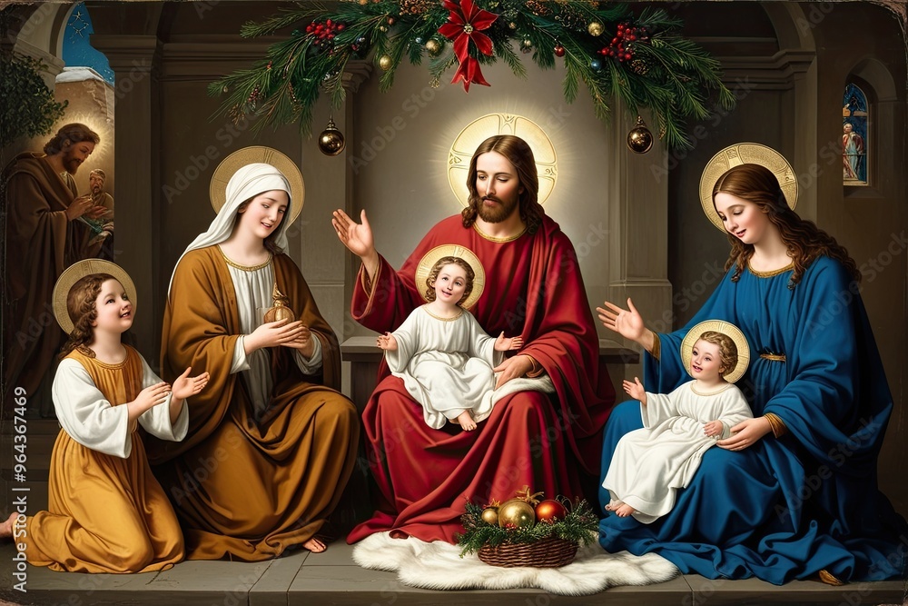 Naklejka premium Timeless Vintage Artwork Depicting the Christ Family Embracing Joy Faith and Tradition