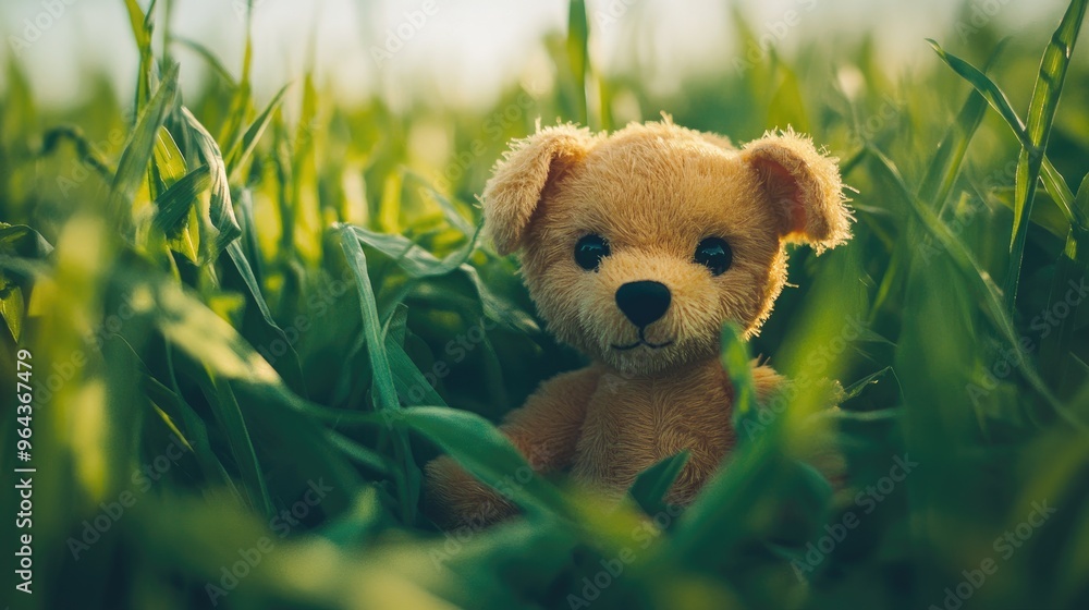 Dog doll green grass. Generative AI Dog doll green grass. Generative AI