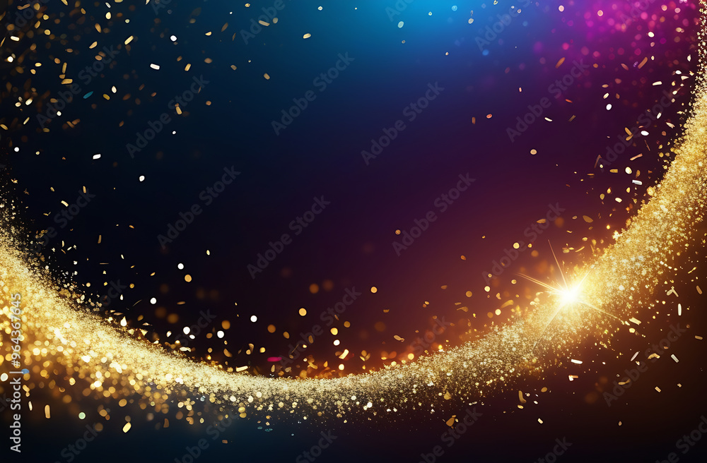 Obraz premium Abstract festive background with glitter, confetti, ribbons and free place for text. New Year, Christmas, birthday, holiday celebration banner