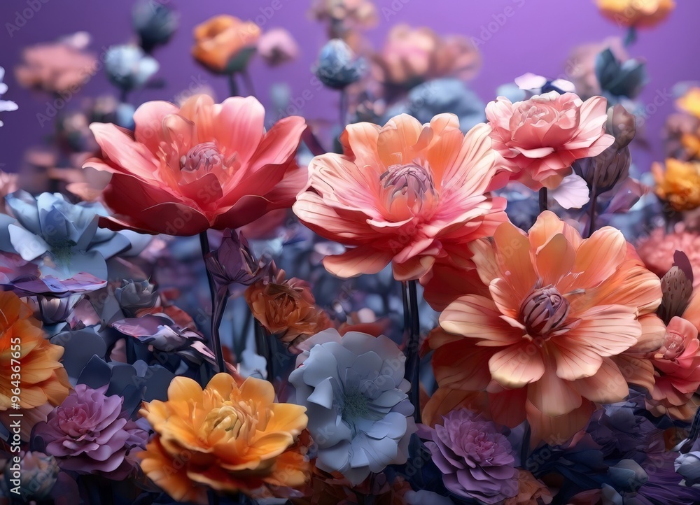 A vibrant bouquet of flowers in shades of pink, orange, and purple, with some blue and purple accents, set against a purple background. A vibrant bouquet of flowers in shades of pink, orange, and purple, with some blue and purple accents, set against a purple background.