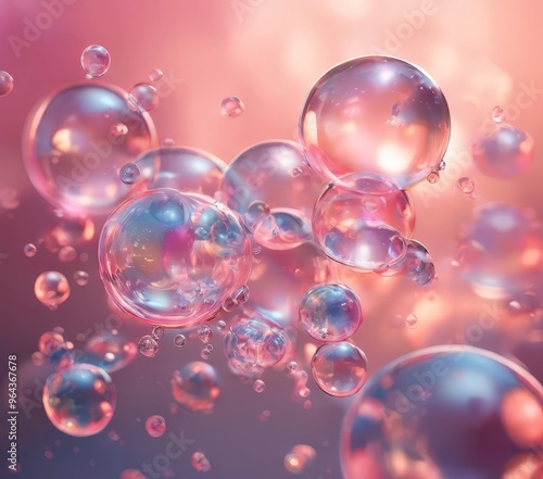 a cluster of transparent, spherical bubbles in various shades of pink and purple, floating against a gradient background.