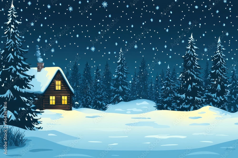 Winter landscape with cozy cabin and starry night sky Winter landscape with cozy cabin and starry night sky