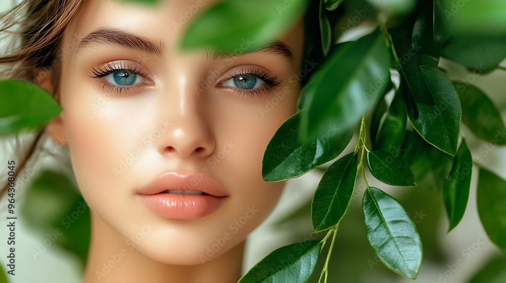 Close-up portrait of a woman with blue eyes, a smooth complexion and full lips, partially obscured by lush green foliage. Close-up portrait of a woman with blue eyes, a smooth complexion and full lips, partially obscured by lush green foliage.