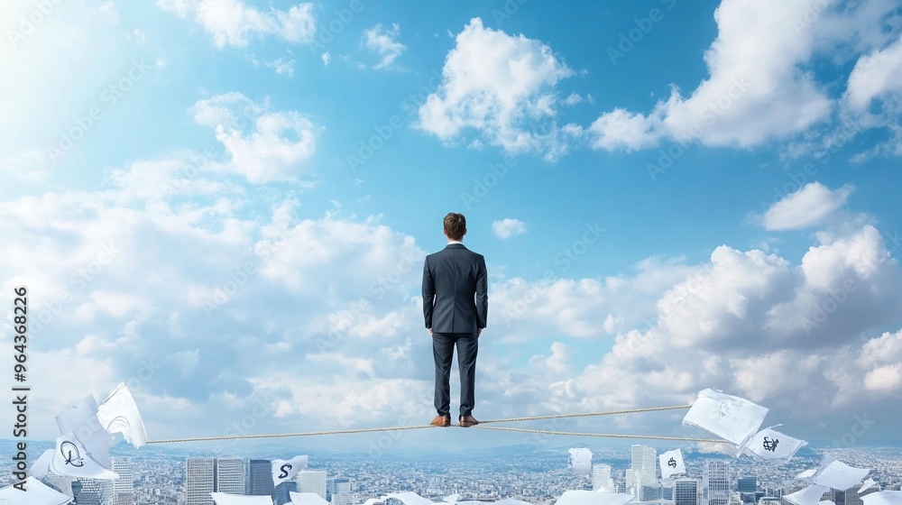 Businessman balancing on a tightrope with debt weights Businessman balancing on a tightrope with debt weights