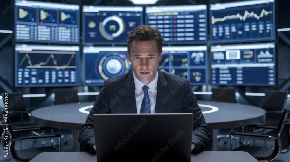 Businessman Analyzing Data at High-Tech Workstation Businessman Analyzing Data at High-Tech Workstation
