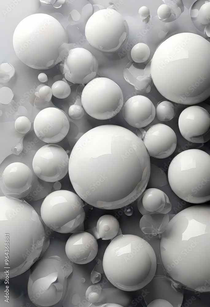 A collection of white spheres, varying in size and shape, are scattered across a gray background, creating a visually striking abstract composition. A collection of white spheres, varying in size and shape, are scattered across a gray background, creating a visually striking abstract composition.
