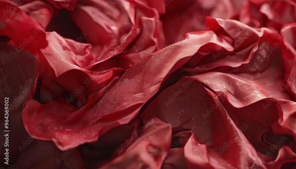 Close-up of a red fabric with a crumpled texture, featuring a shiny, wet surface. Close-up of a red fabric with a crumpled texture, featuring a shiny, wet surface.