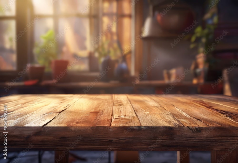 A wooden table with a rustic, weathered surface sits in a softly lit room, with a window and plants visible in the background. A wooden table with a rustic, weathered surface sits in a softly lit room, with a window and plants visible in the background.