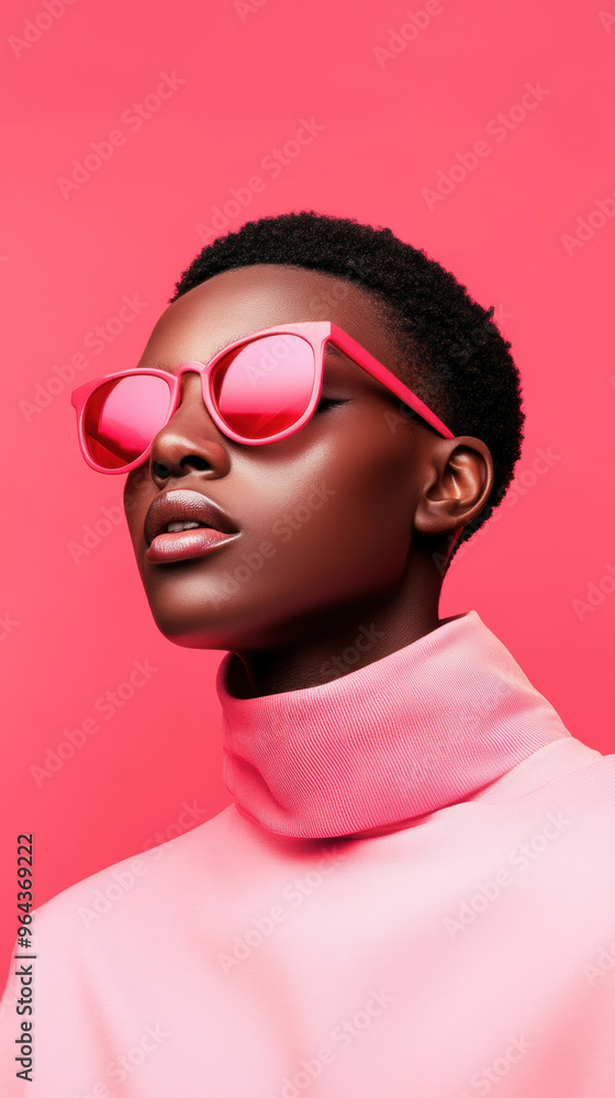 A woman wearing a pink shirt and sunglasses A woman wearing a pink shirt and sunglasses