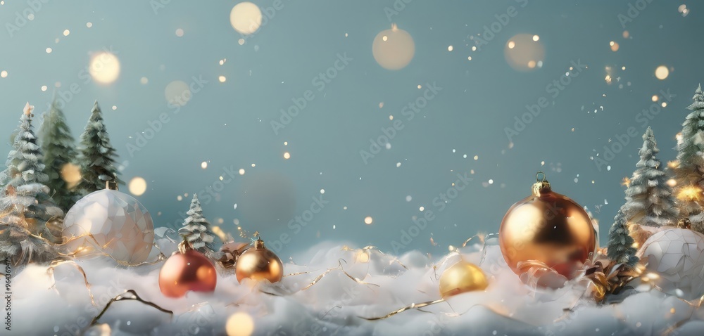 A festive winter scene with Christmas ornaments, trees, and snowflakes against a blue background. A festive winter scene with Christmas ornaments, trees, and snowflakes against a blue background.