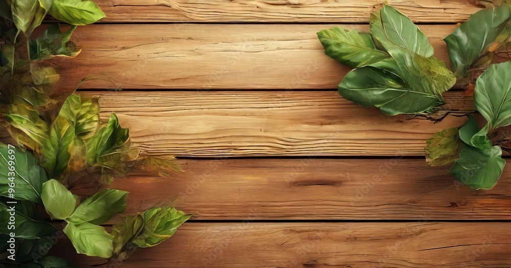 a close-up view of a wooden surface with a variety of green leaves, including ferns and other plants, arranged in a decorative pattern. a close-up view of a wooden surface with a variety of green leaves, including ferns and other plants, arranged in a decorative pattern.