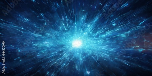 a burst of light and energy, with a bright white light at the center surrounded by a swirling pattern of blue and white lines and shapes, creating a sense of movement and dynamism.