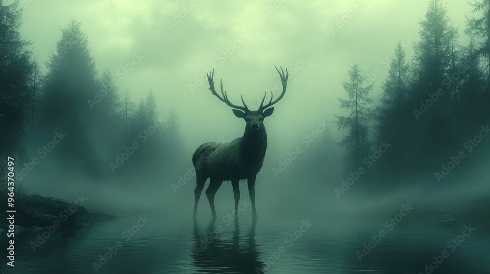 Naklejka premium A Serene Minimalist Representation of a Deer in a Foggy Forest, Perfect for Nature and Wildlife Themes