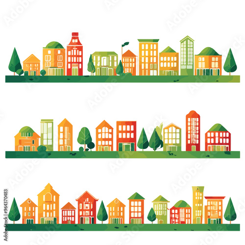 cityscape, houses and greenery, vector icon, in a row 