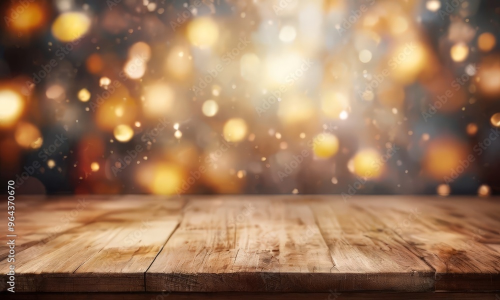 A wooden table with a blurred background of bokeh lights and a warm, golden glow. A wooden table with a blurred background of bokeh lights and a warm, golden glow.