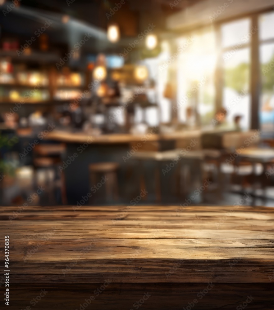 A wooden table in the foreground with a blurred background of a bar or restaurant interior, featuring a bar counter, stools, and a window. A wooden table in the foreground with a blurred background of a bar or restaurant interior, featuring a bar counter, stools, and a window.