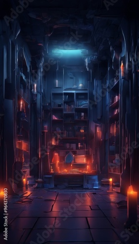 a dimly lit, cavernous room with a central bookshelf and a glowing blue light at the top. The floor is made of dark stone, and the walls are adorned with shelves filled with