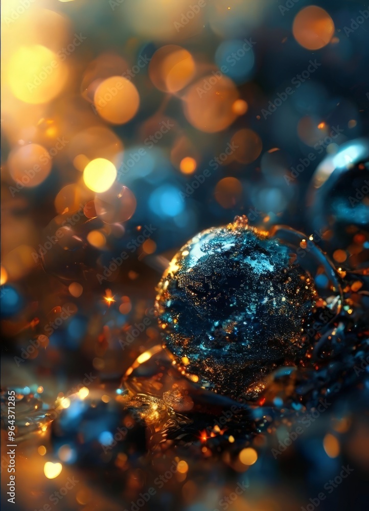 A close-up view of a blue and gold ornament, with a blurred background of bokeh lights in various shades of orange and yellow. A close-up view of a blue and gold ornament, with a blurred background of bokeh lights in various shades of orange and yellow.