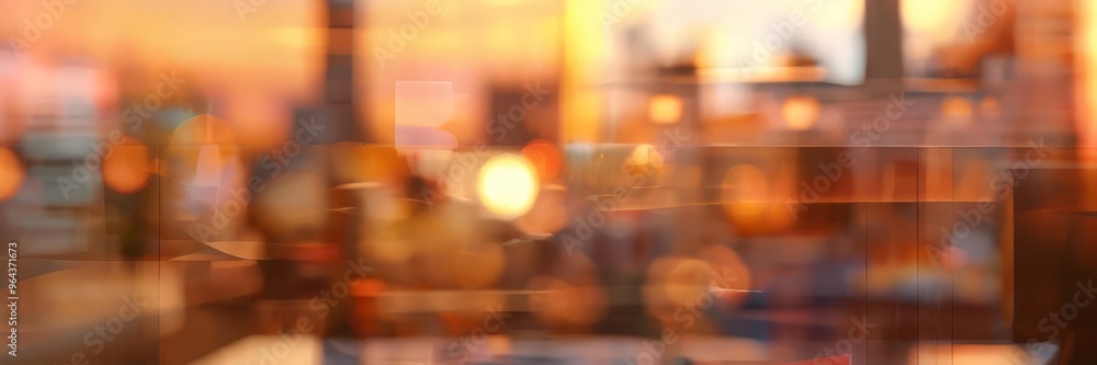 a blurred, abstract representation of a cityscape at sunset, with warm hues of orange and yellow creating a dreamlike, atmospheric effect.