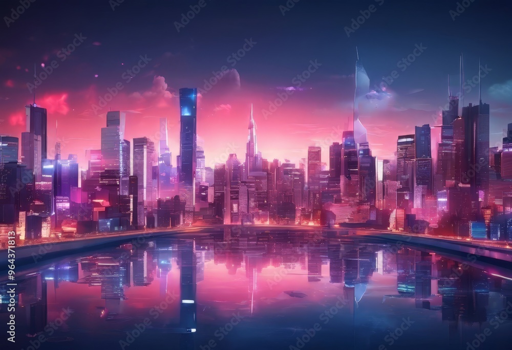 Fototapeta premium a futuristic cityscape at sunset, with tall buildings and skyscrapers reflecting in the calm waters of a river or lake. The sky is filled with vibrant hues of pink and purple,