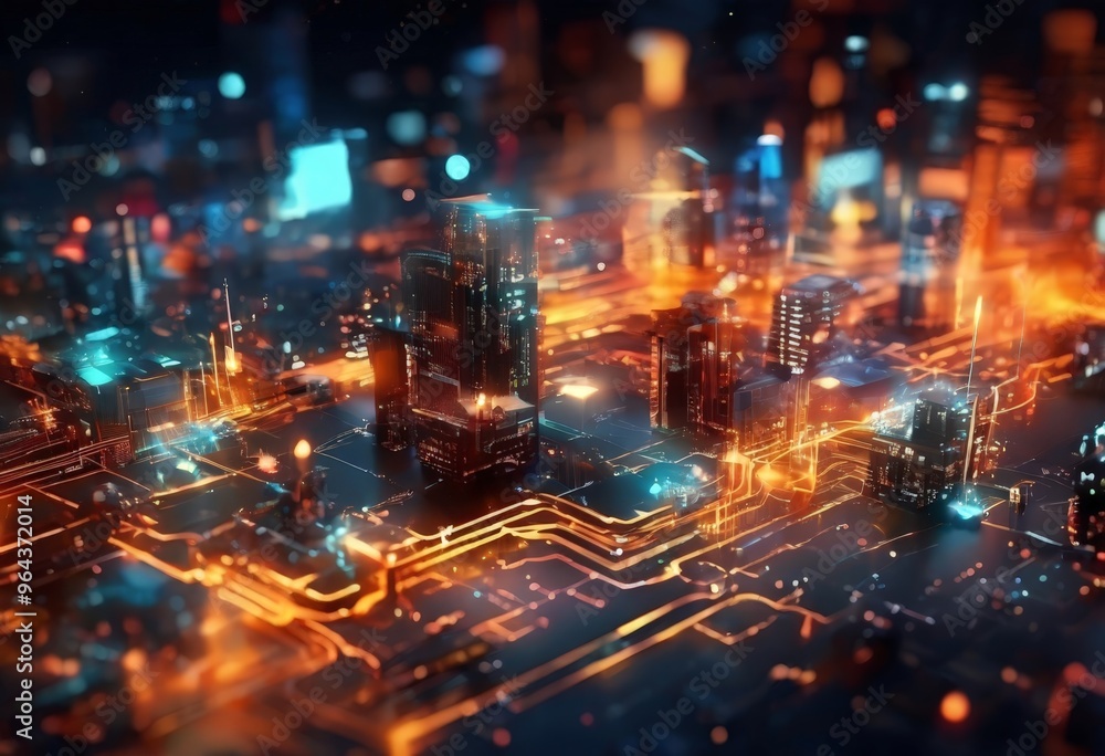 Obraz premium futuristic cityscape, with a complex network of glowing lines and lights, suggesting a digital or cybernetic environment. The city is densely populated with tall buildings, each