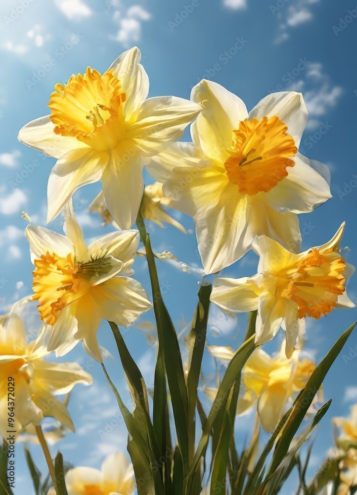 Fototapeta premium A cluster of vibrant yellow daffodils with orange centers blooms against a clear blue sky with scattered clouds.