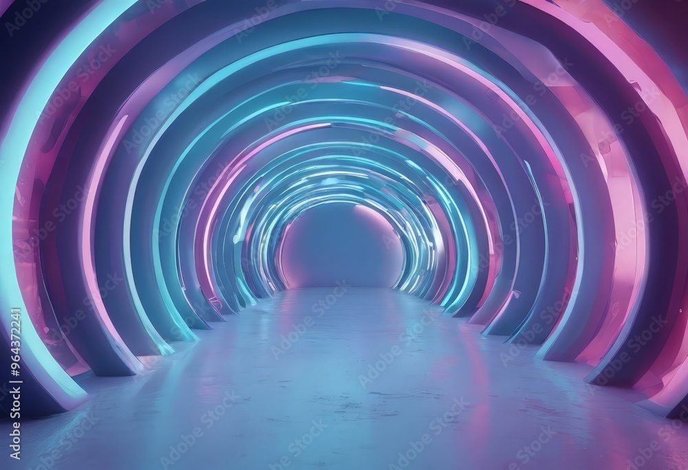 A futuristic, neon-lit corridor with curved walls and a reflective floor, creating a sense of depth and movement.